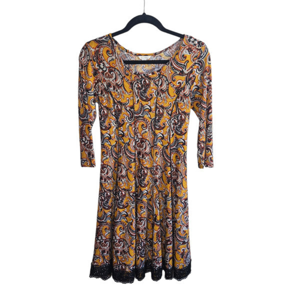 New Cato Yellow Paisley Print‎ Dress Size XS 3/4 Sleeve Lace Trim Very Stretchy